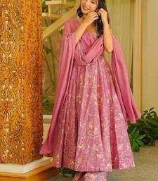Floral printed muslin square neck pink anarkali set