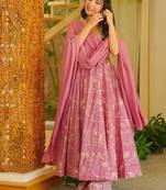 Floral printed muslin square neck pink anarkali set