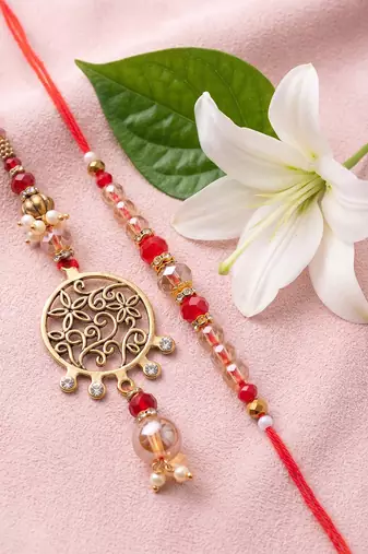 set of 2 gold toned artificial stones & beads bhaiya bhabhi rakhi with roli chawal