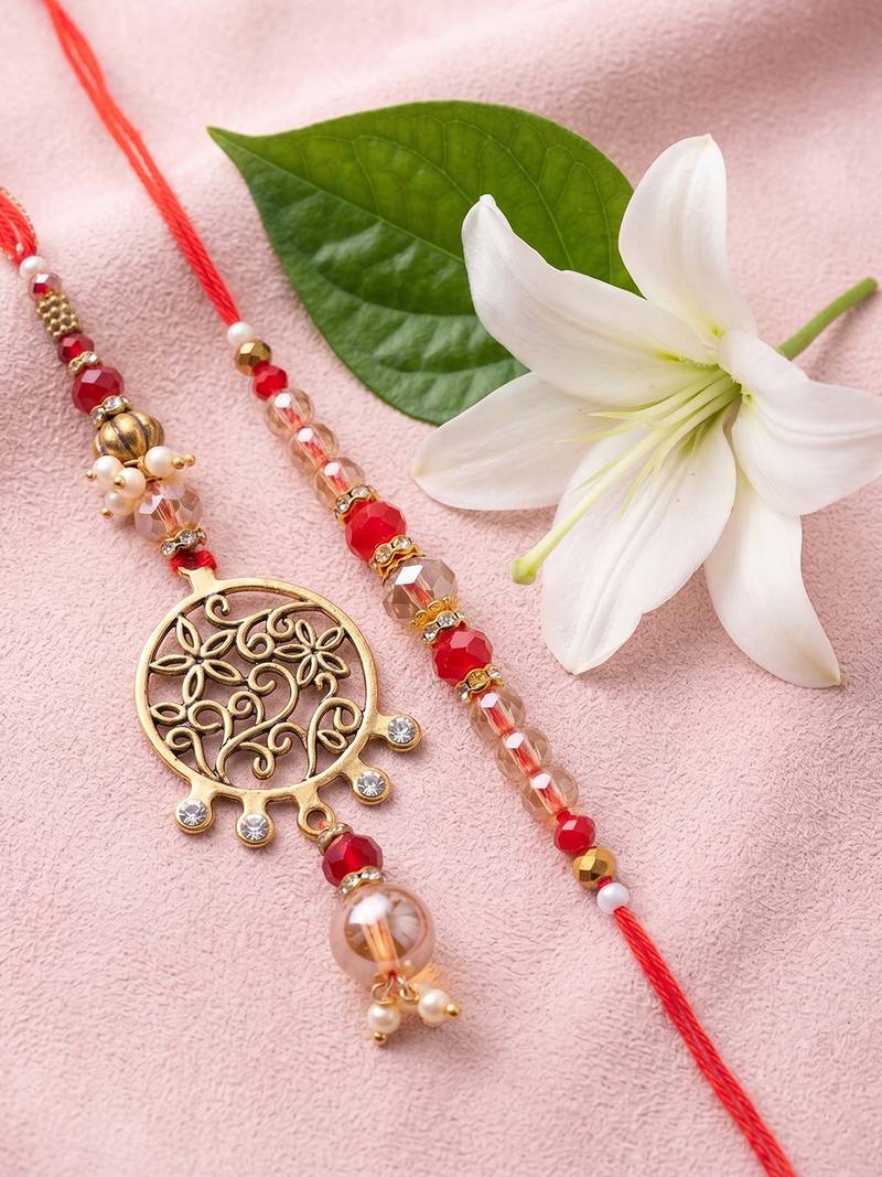 set of 2 gold toned artificial stones & beads bhaiya bhabhi rakhi with roli chawal