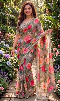 multicolor georgette printed saree with floral print 1
