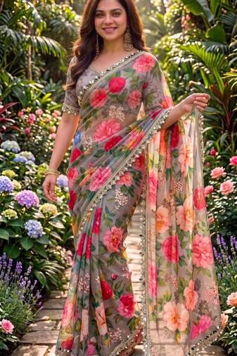 multicolor georgette printed saree with floral print