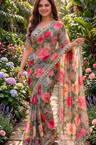 multicolor georgette printed saree with floral print