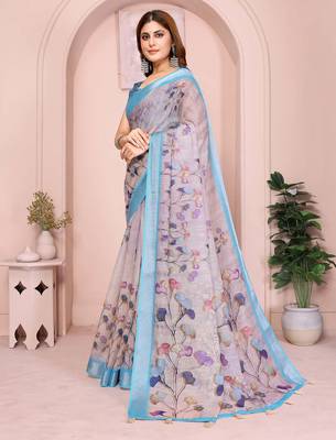 Blue linen cotton floral printed casual saree with matching blouse piece 2