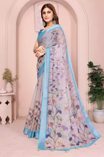 Blue linen cotton floral printed casual saree with matching blouse piece