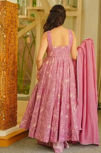 Floral printed muslin square neck pink anarkali set