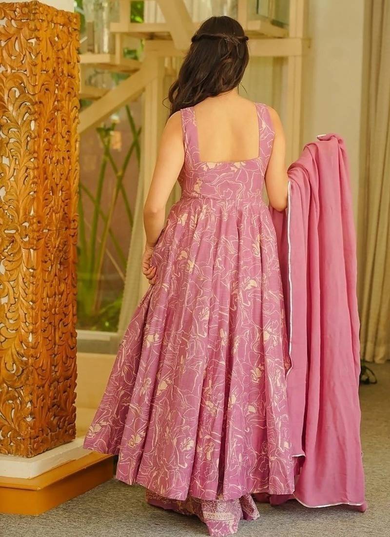 Floral printed muslin square neck pink anarkali set