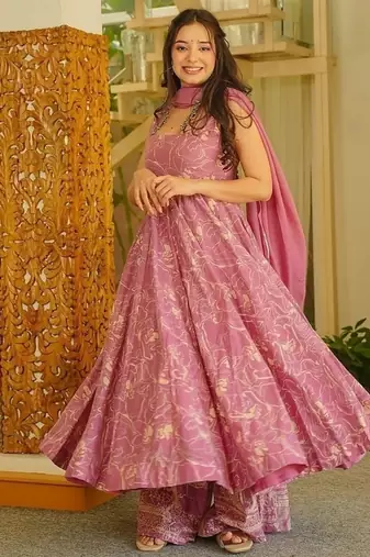 Floral printed muslin square neck pink anarkali set