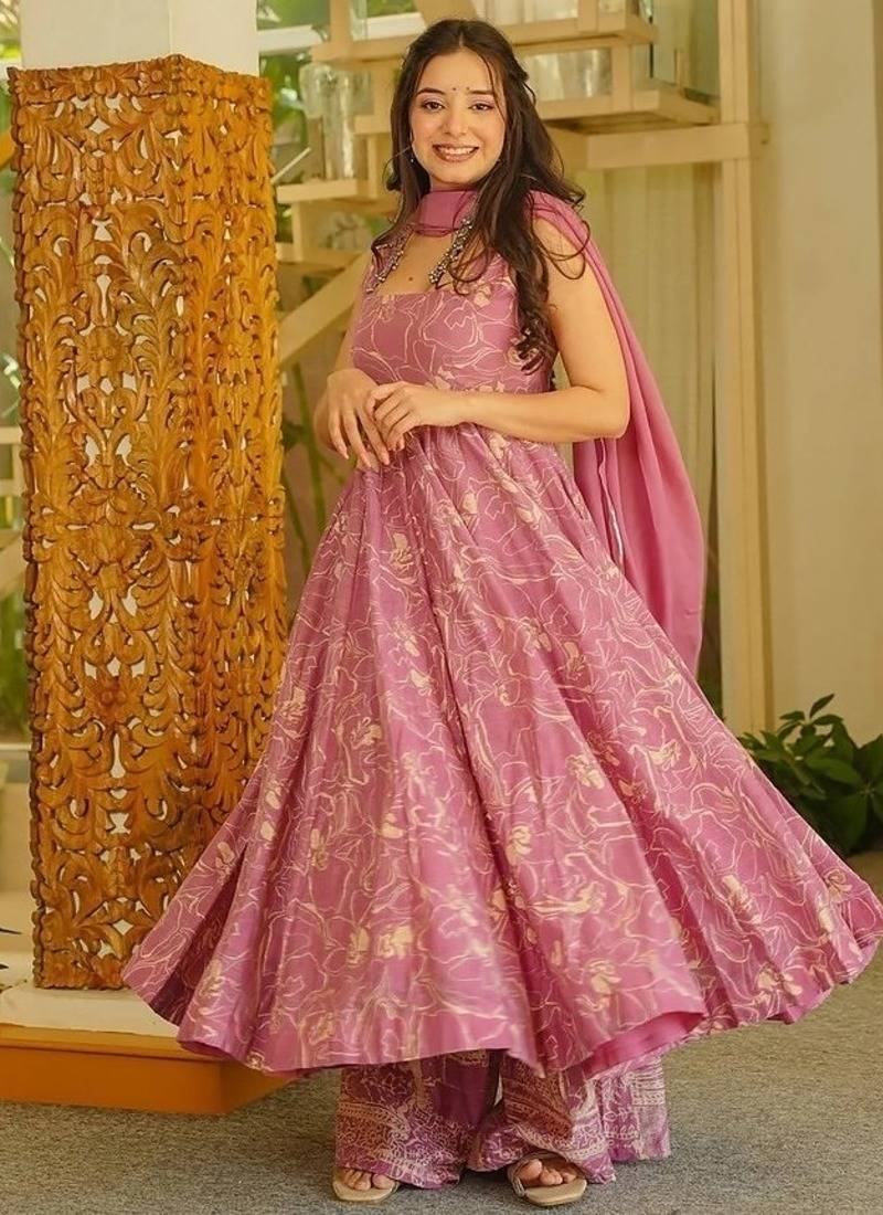 Floral printed muslin square neck pink anarkali set