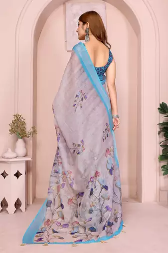Blue linen cotton floral printed casual saree with matching blouse piece