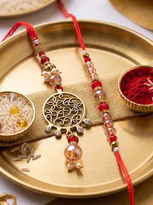 set of 2 gold toned artificial stones & beads bhaiya bhabhi rakhi with roli chawal 2