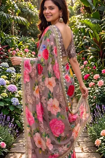 multicolor georgette printed saree with floral print