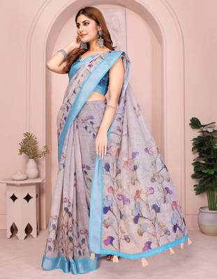Blue linen cotton floral printed casual saree with matching blouse piece 4