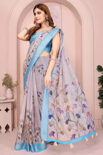 Blue linen cotton floral printed casual saree with matching blouse piece