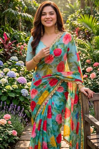 multicolor georgette printed saree with floral print