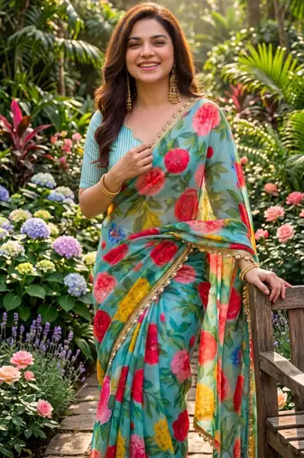 multicolor georgette printed saree with floral print