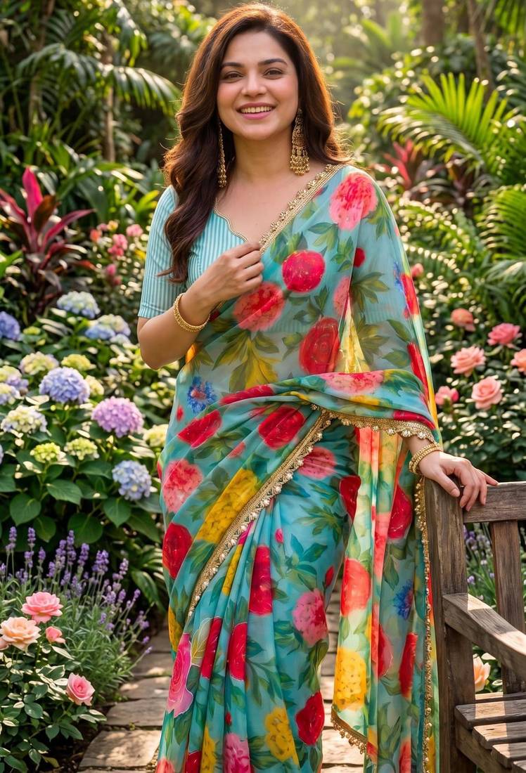 multicolor georgette printed saree with floral print