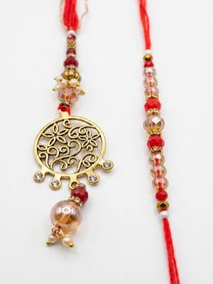 set of 2 gold toned artificial stones & beads bhaiya bhabhi rakhi with roli chawal 3