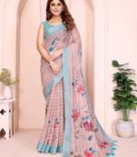 Multicolor linen cotton floral printed casual saree with matching blouse piece
