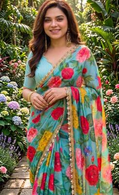 multicolor georgette printed saree with floral print 2