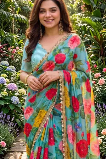 multicolor georgette printed saree with floral print