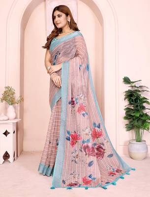 Multicolor linen cotton floral printed casual saree with matching blouse piece 2