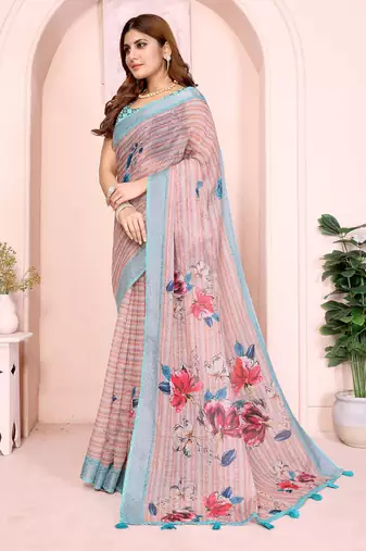 Multicolor linen cotton floral printed casual saree with matching blouse piece