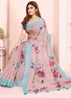 Multicolor linen cotton floral printed casual saree with matching blouse piece 3