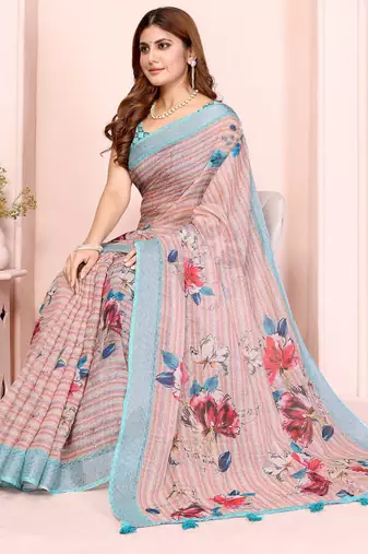 Multicolor linen cotton floral printed casual saree with matching blouse piece