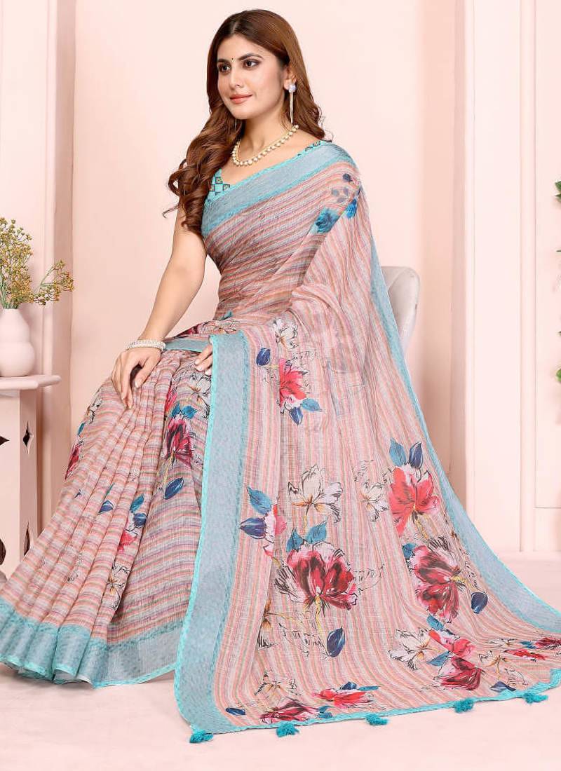 Multicolor linen cotton floral printed casual saree with matching blouse piece