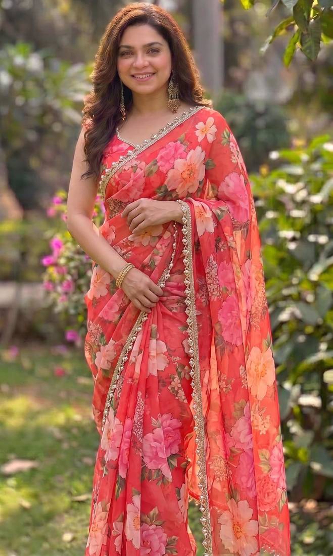 multicolor georgette printed saree with floral print
