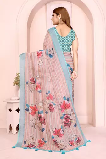 Multicolor linen cotton floral printed casual saree with matching blouse piece