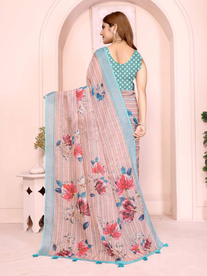 Multicolor linen cotton floral printed casual saree with matching blouse piece