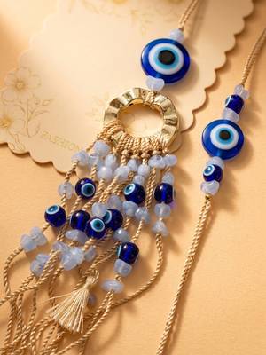 set of 2 gold toned round evil eye bhaiya bhabhi rakhi with roli chawal chandan mishri 1
