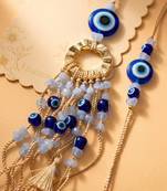 set of 2 gold toned round evil eye bhaiya bhabhi rakhi with roli chawal chandan mishri