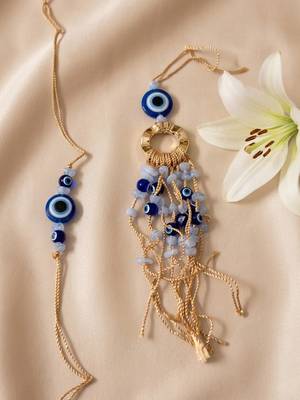 set of 2 gold toned round evil eye bhaiya bhabhi rakhi with roli chawal chandan mishri 2
