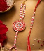 set of 2 gold toned pearls & beads round shape bhaiya bhabhi rakhi with roli chawal
