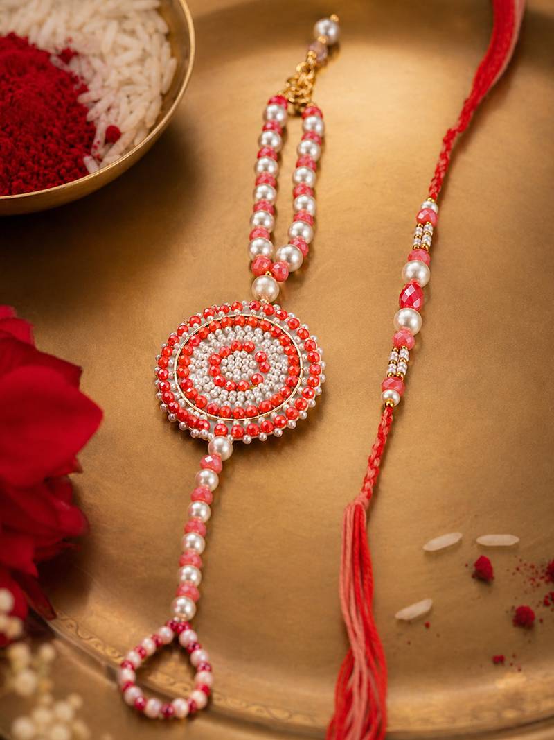 set of 2 gold toned pearls & beads round shape bhaiya bhabhi rakhi with roli chawal