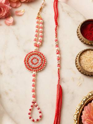 set of 2 gold toned pearls & beads round shape bhaiya bhabhi rakhi with roli chawal 2