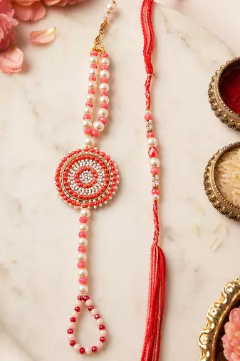 set of 2 gold toned pearls & beads round shape bhaiya bhabhi rakhi with roli chawal