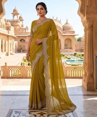 teal georgette embroidered saree with thread work 1