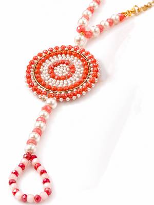 set of 2 gold toned pearls & beads round shape bhaiya bhabhi rakhi with roli chawal 3