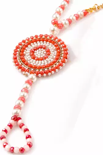 set of 2 gold toned pearls & beads round shape bhaiya bhabhi rakhi with roli chawal