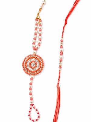 set of 2 gold toned pearls & beads round shape bhaiya bhabhi rakhi with roli chawal 4
