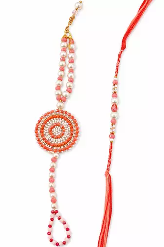 set of 2 gold toned pearls & beads round shape bhaiya bhabhi rakhi with roli chawal