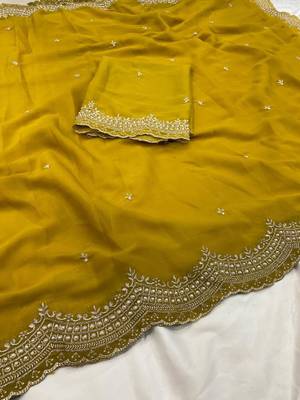 teal georgette embroidered saree with thread work 2