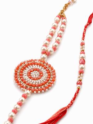 set of 2 gold toned pearls & beads round shape bhaiya bhabhi rakhi with roli chawal 5