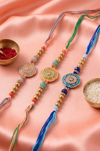 set of 3 floral design multicolor artificial beads thread rakhi with roli chawal