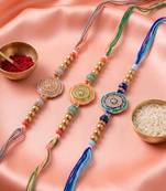 set of 3 floral design multicolor artificial beads thread rakhi with roli chawal