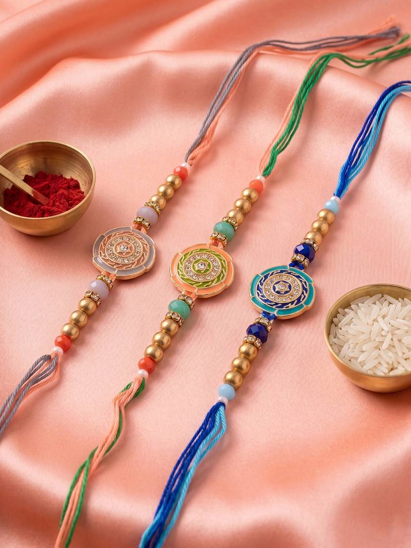 set of 3 floral design multicolor artificial beads thread rakhi with roli chawal